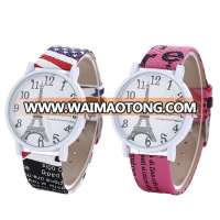 Sample Design Paris Eiffel Tower Partten Alloy PU Leather Lady Watch