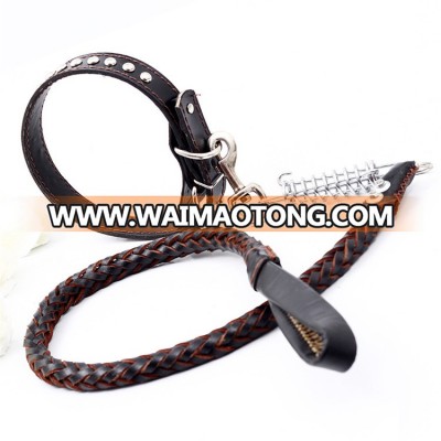 spiked rivets buckles dog collar braid leather soft dog training leash leather dog leash