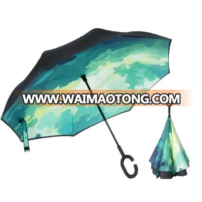 Promotional High Quality umbrella company in china rain fold C shape handle reverse umbrella